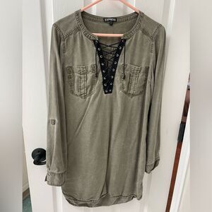 Express Lace Up Front Shirt Dress Army Green Size S